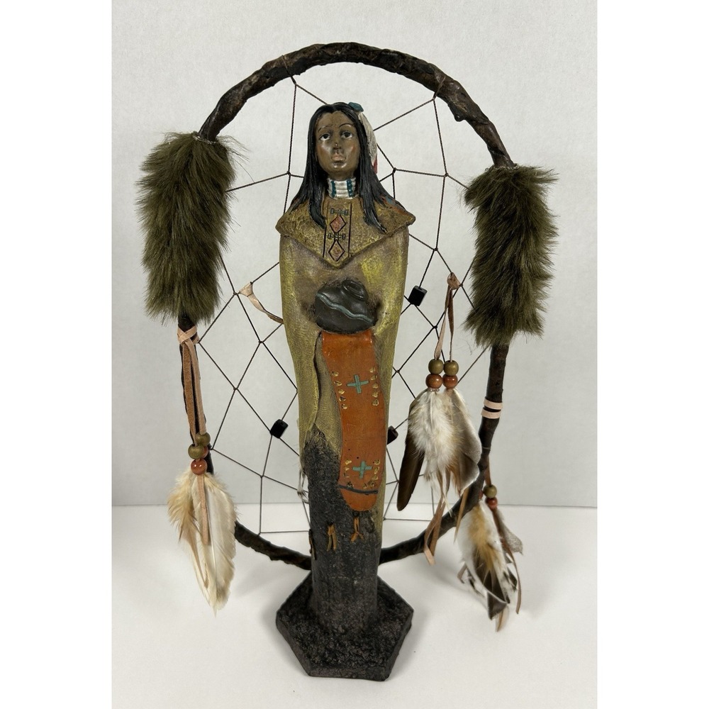 Southwestern Native American Resin Figurine with Dreamcatcher & Feathers 14.5"